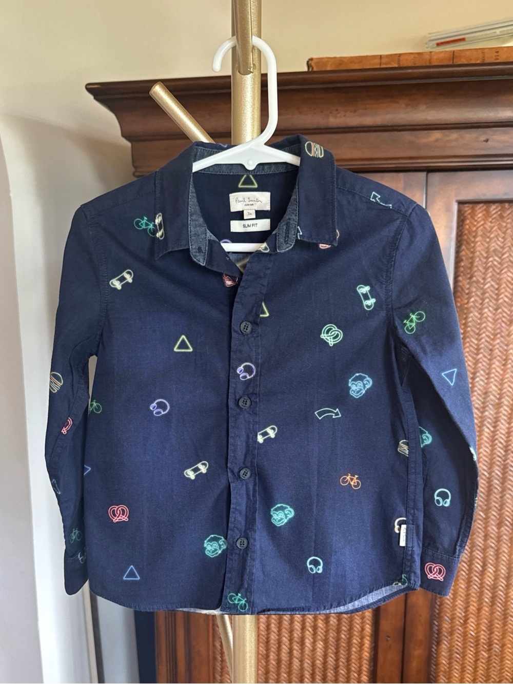 Paul Smith Junior Navy Button-Front Shirt with Multicolor Icons